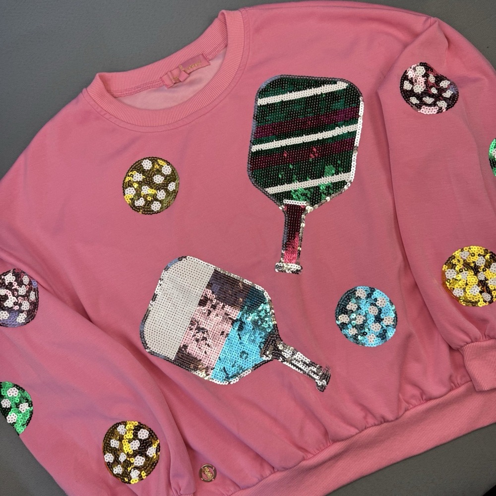 Simply Southern Women's S Crew Neck Sequined Sweatshirt Pickleball Pink